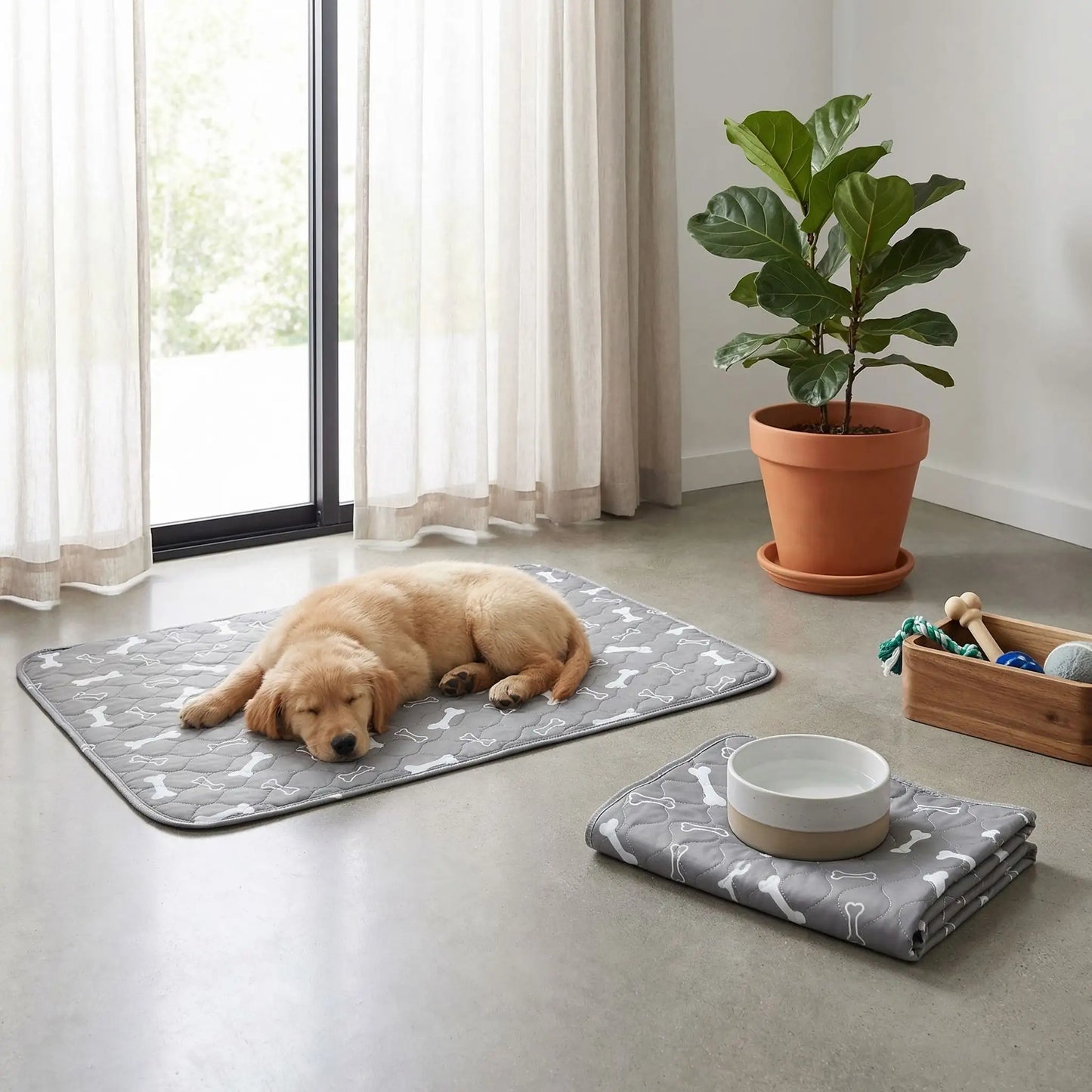 Alèse-lavable-chien-chiot-apprentissage-proprete-chien âgés, incontinent, 100% imperméable, lavable en machine, résistant aux griffes, durable, vendu en lot de deux, écoresponsable et écologique-un chiot couché sur le tapis absorbant gris avec imprimé os de couleur blanche sur le sol du salon de la maison