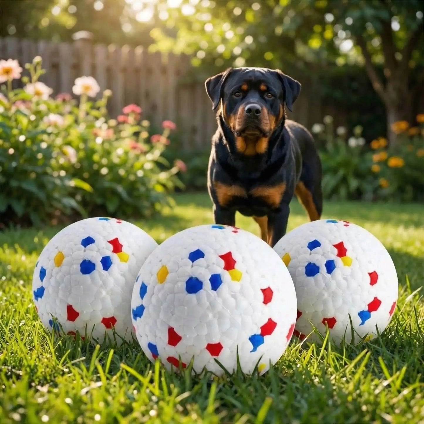 Balle-indestructible-pour-chien-chiot-lot-de-3 pour chien destructeur- pour jeu sur terre et pour jeu d'eau, légère élastique avec conception pour la mastication et le nettoyage dentaire pour chien et chiot à machoires puissantes-gros plan sur le lot de 3 balles indestructibles pour grand chien