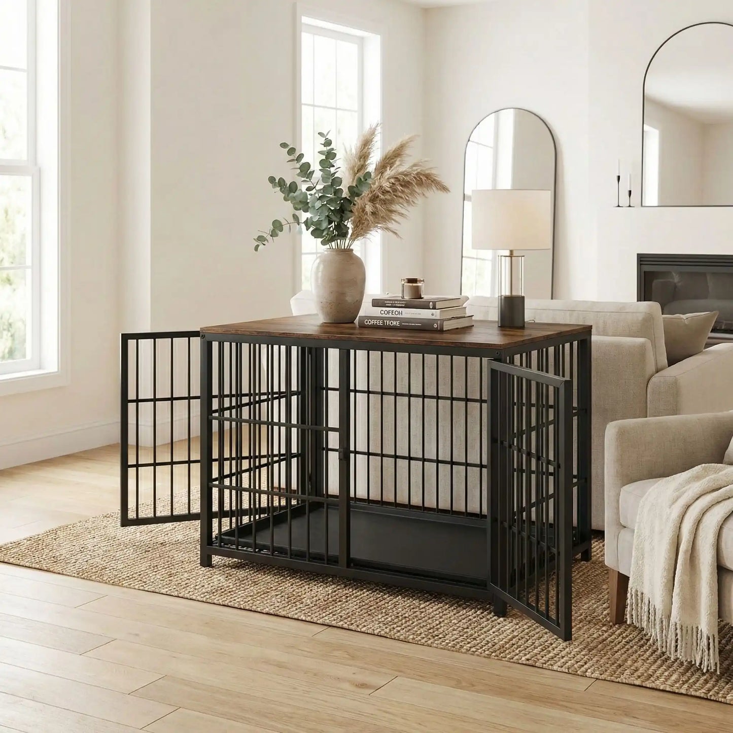 Cage-pour-chien-xxl-bois-chĂȘne-acier-3 portes avec verrou-module combinable pour une cage sur mesure-en bois et acier robuste-meuble niche de dĂ©coration et couchage pour chien de toutes tailles -cage intĂ©rieur en bois naturel et grilles noir en acier-design moderne industriel en bois et acier noir