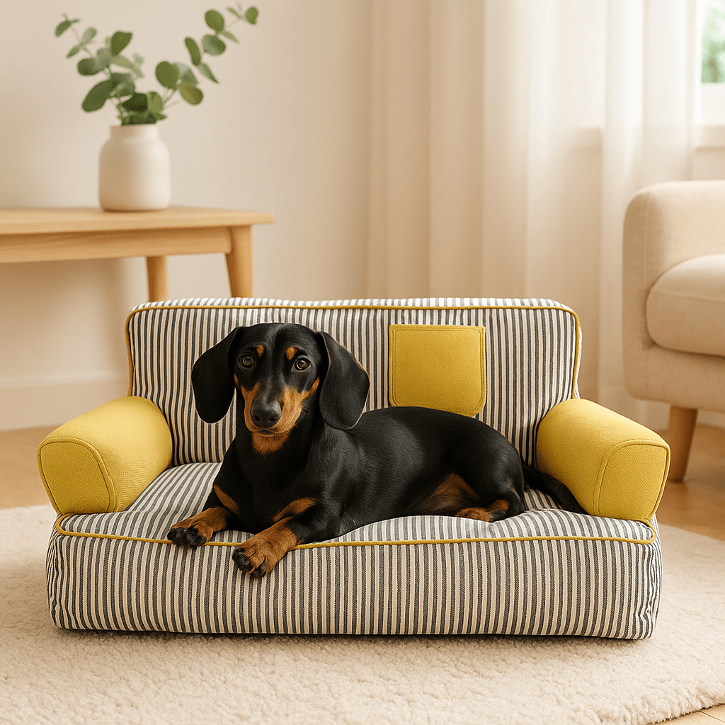 Canapé-chien-déhoussable-lavable en machine-antidérapant-imperméable-100% coton rembourrage ergonomique haute densité-respirant-lit 4 saisons-avec dossier et 2 accoudoirs cylindriques épais-assisse rembourré et épais-isole du froid pour chien de petite taille de 0 à 10 kg-un chien toy couché et heureux sur son canapé rayé bleu et blanc dans le salon de l'appartement