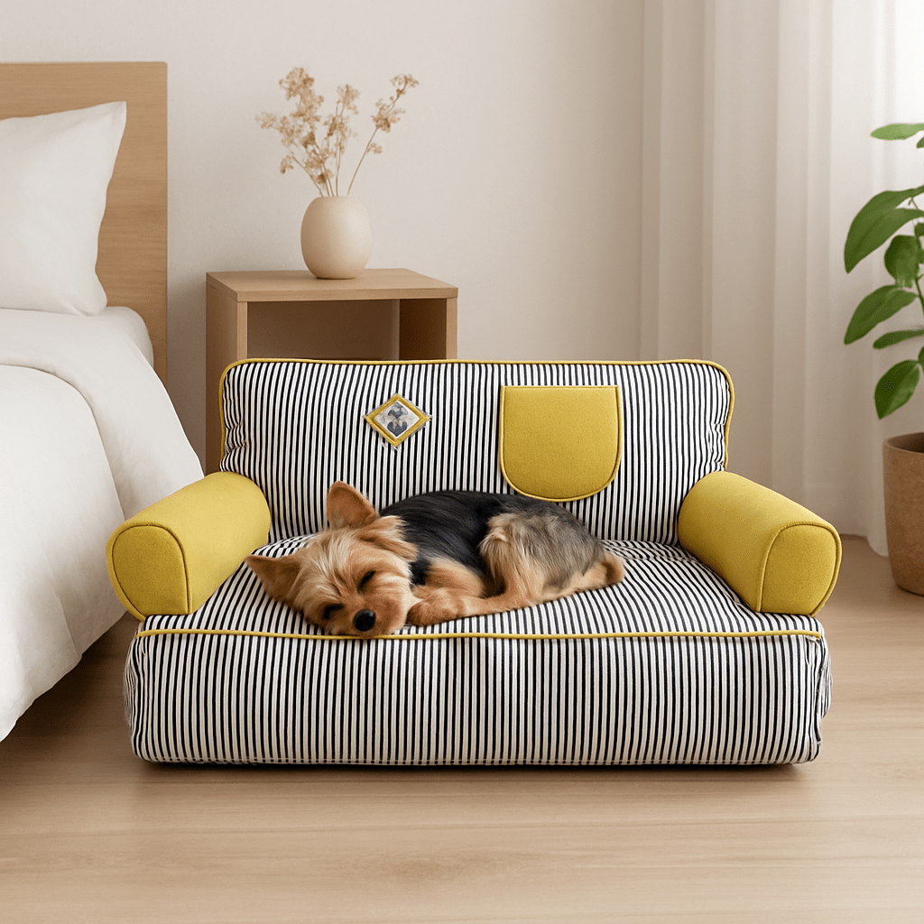 Canapé-chien-déhoussable-lavable en machine-antidérapant-imperméable-100% coton rembourrage ergonomique haute densité-respirant-lit 4 saisons-avec dossier et 2 accoudoirs cylindriques épais-assisse rembourré et épais-isole du froid pour chien de petite taille de 0 à 10 kg-un chiot couché et heureux sur son canapé rayé bleu et blanc dans le salon de la maison