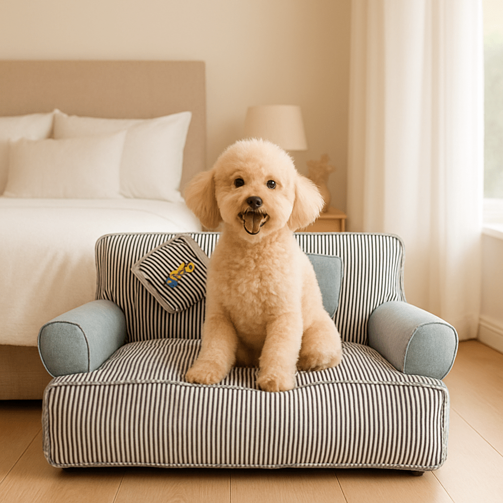 Canapé-chien-déhoussable-lavable en machine-antidérapant-imperméable-100% coton rembourrage ergonomique haute densité-respirant-lit 4 saisons-avec dossier et 2 accoudoirs cylindriques épais-assisse rembourré et épais-isole du froid pour chien de petite taille de 0 à 10 kg-un chien de race naine, heureux sur son canapé rayé bleu et blanc dans la chambre de la maison