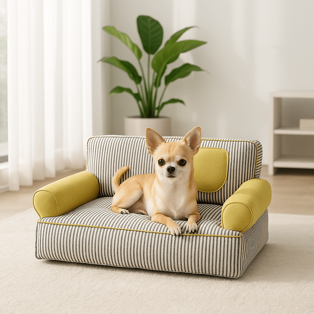 Canapé-chien-déhoussable-lavable en machine-antidérapant-imperméable-100% coton rembourrage ergonomique haute densité-respirant-lit 4 saisons-avec dossier et 2 accoudoirs cylindriques épais-assisse rembourré et épais-isole du froid pour chien de petite taille de 0 à 10 kg-un chien de race Toy couché et heureux sur son canapé rayé bleu et blanc dans le salon de l'appartement