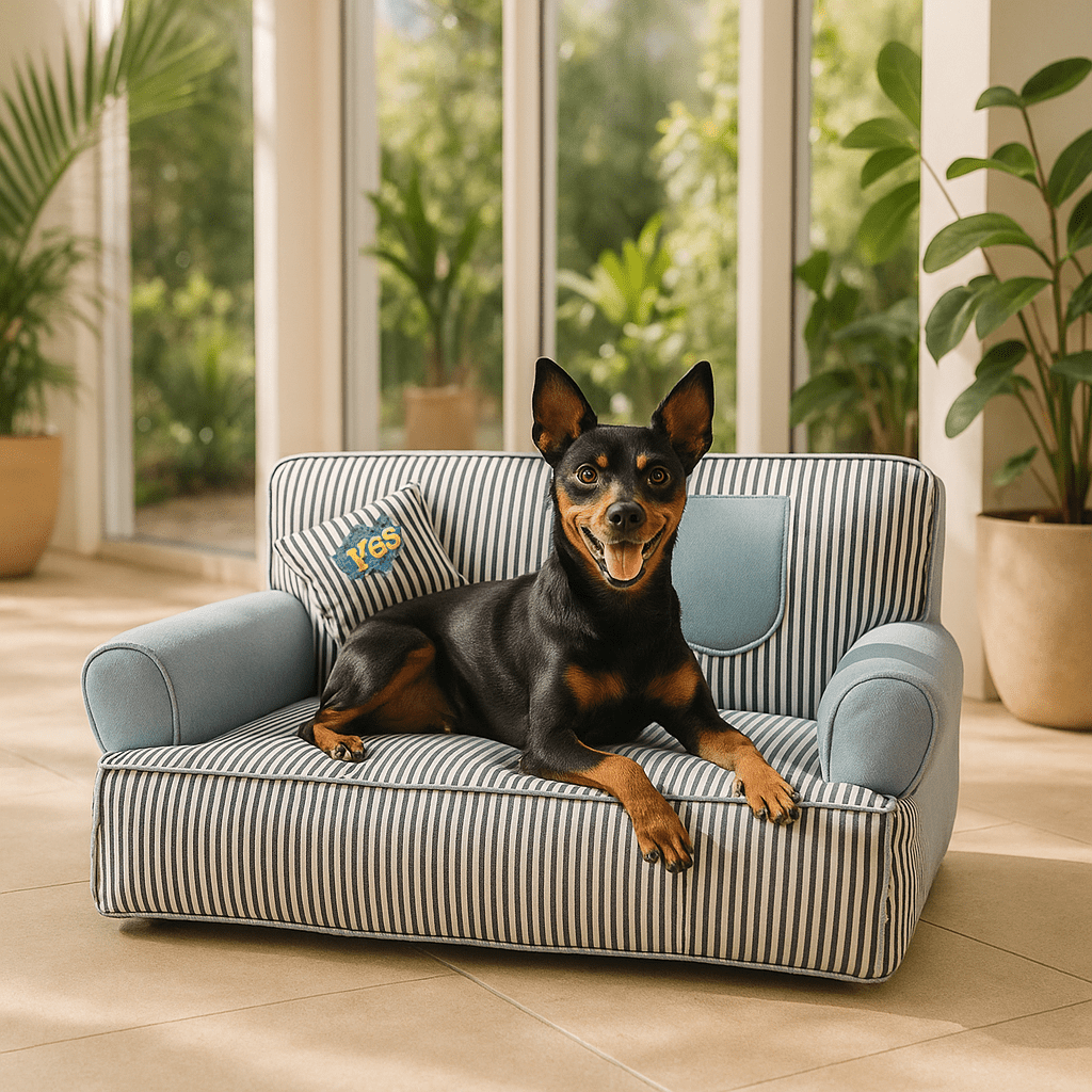 Canapé-chien-déhoussable-lavable en machine-antidérapant-imperméable-100% coton rembourrage ergonomique haute densité-respirant-lit 4 saisons-avec dossier et 2 accoudoirs cylindriques épais-assisse rembourré et épais-isole du froid pour chien de petite taille de 0 à 10 kg-un chien nain couché et heureux sur son canapé rayé bleu et blanc dans la véranda de l'appartement