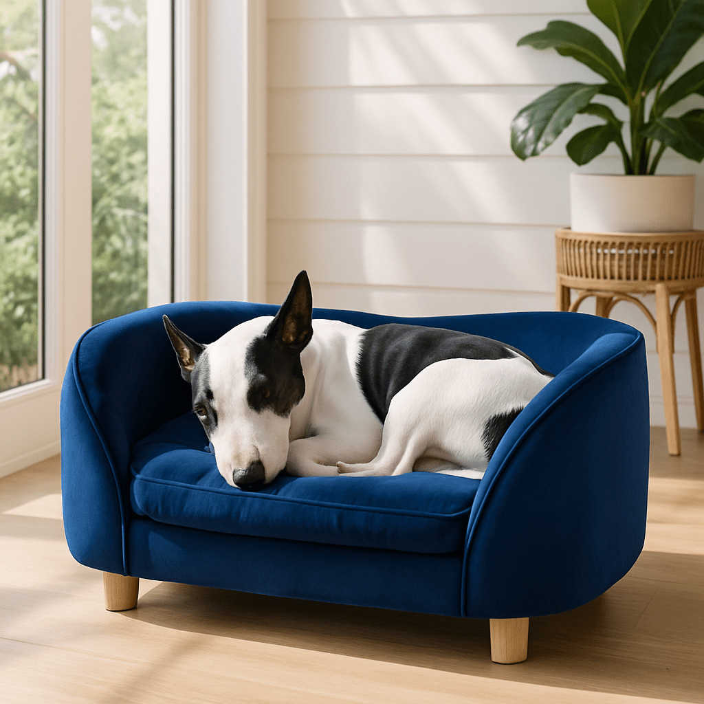 Canapé-chien-bois-et velours résistant aux griffes pour petit chien un bull terrier miniature qui dort paisiblement en boule sur son mini canapé bleu entourant au design moderne et arrondi avec son coussin en éponge 100% coton ergonomique déhoussable et lavable en machine dans le salon de l'appartement