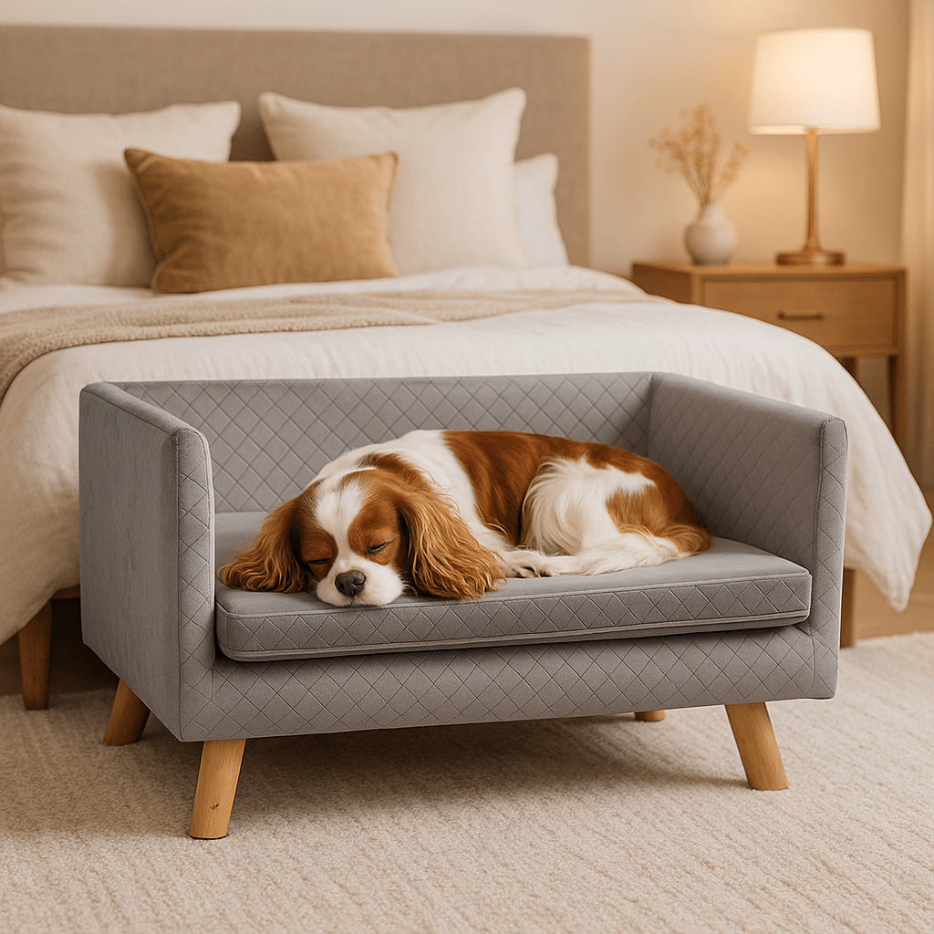 Canapé-chien-avec-coussin amovible épais et rembourré de mousse 100% coton haute densité déhoussable et lavable en machine-structure en bois avec pieds en bois de bouleau massif solide et robuste-anti affaissement-au design scandinave et moderne pour chien de petite taille jusqu'à 7 kg max-un Cavalier King Charles qui dort paisiblement couché sur son canapé gris surélevé sur pied dans la chambre moderne de l'appartement
