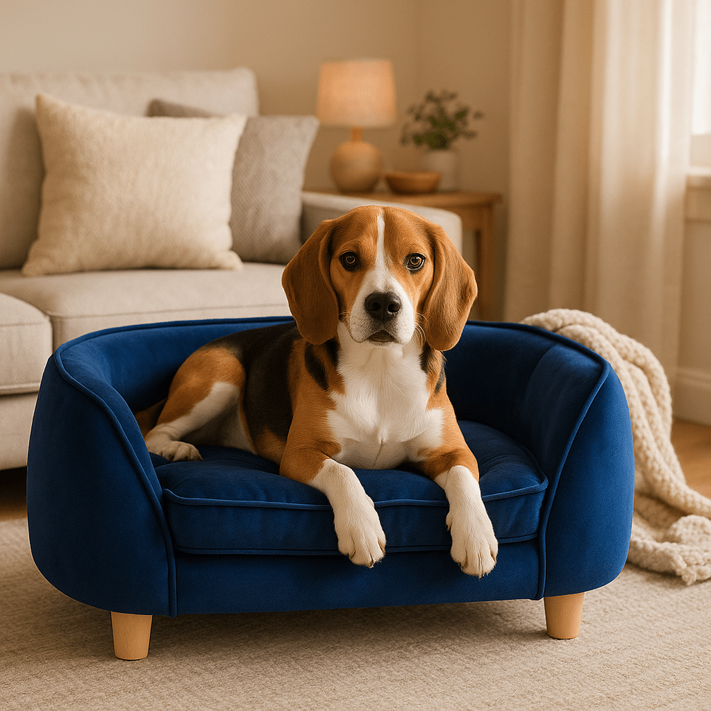Canapé-chien-chiot-un beagle couché confortablement sur son petit canapé bleu avec coussin ergonomique 100% coton haute densité à mémoire de forme déhoussable et lavable en machine dans le salon de la maison