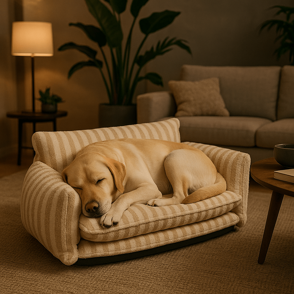 Canapé-chien-coton-déhoussable-un labradorde couleur beige couché qui dort confortablement sur son fauteuil avec matelas orthopédique à mémoire de forme et double coussin au rembourrage 100% coton lavable en machine et déhoussable doux et résistant pour chien de petite, moyenne et grande taille dans le salon de la maison