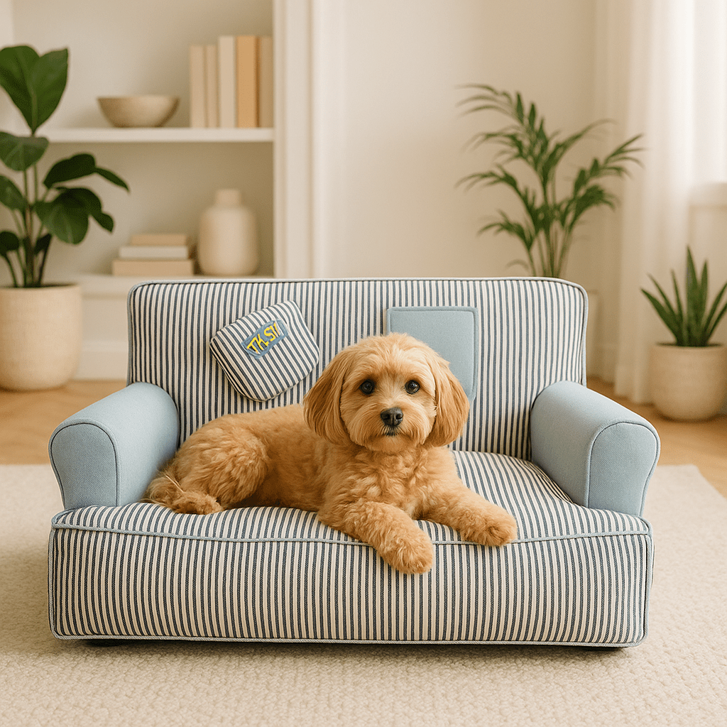 Canapé-chien-déhoussable-lavable en machine-antidérapant-imperméable-100% coton rembourrage ergonomique haute densité-respirant-lit 4 saisons-avec dossier et 2 accoudoirs cylindriques épais-assisse rembourré et épais-isole du froid pour chien de petite taille de 0 à 10 kg-un petit chien à poils frisés couché et heureux sur son canapé rayé bleu et blanc dans le salon d'appartement
