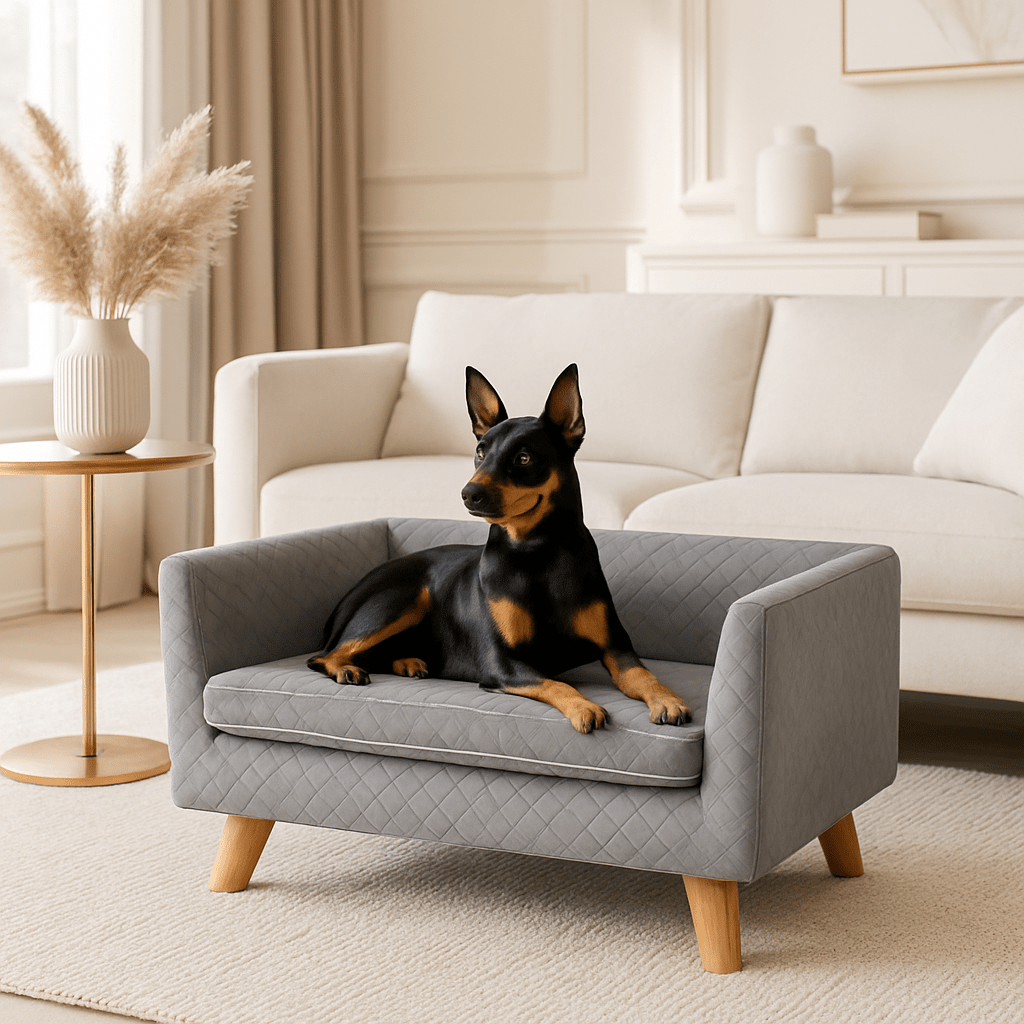 Canapé-chien-avec-coussin amovible épais et rembourré de mousse 100% coton haute densité déhoussable et lavable en machine-structure en bois avec pieds en bois de bouleau massif solide et robuste-anti affaissement-au design scandinave et moderne pour chien de petite taille jusqu'à 7 kg max-un chien nain couché confortablement sur son canapé gris surélevé sur pied dans le salon moderne de l'appartement