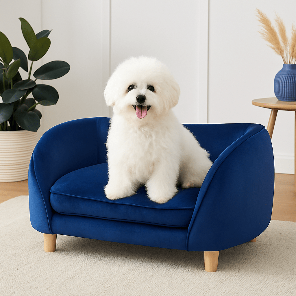 Canape-chien-design-un coton de tuléar assis dans son petit canapé avec coussin ergonomique déhoussable et lavable en machine en velours et bois résistant aux griffes de couleur bleu dans le salon de l'appartement