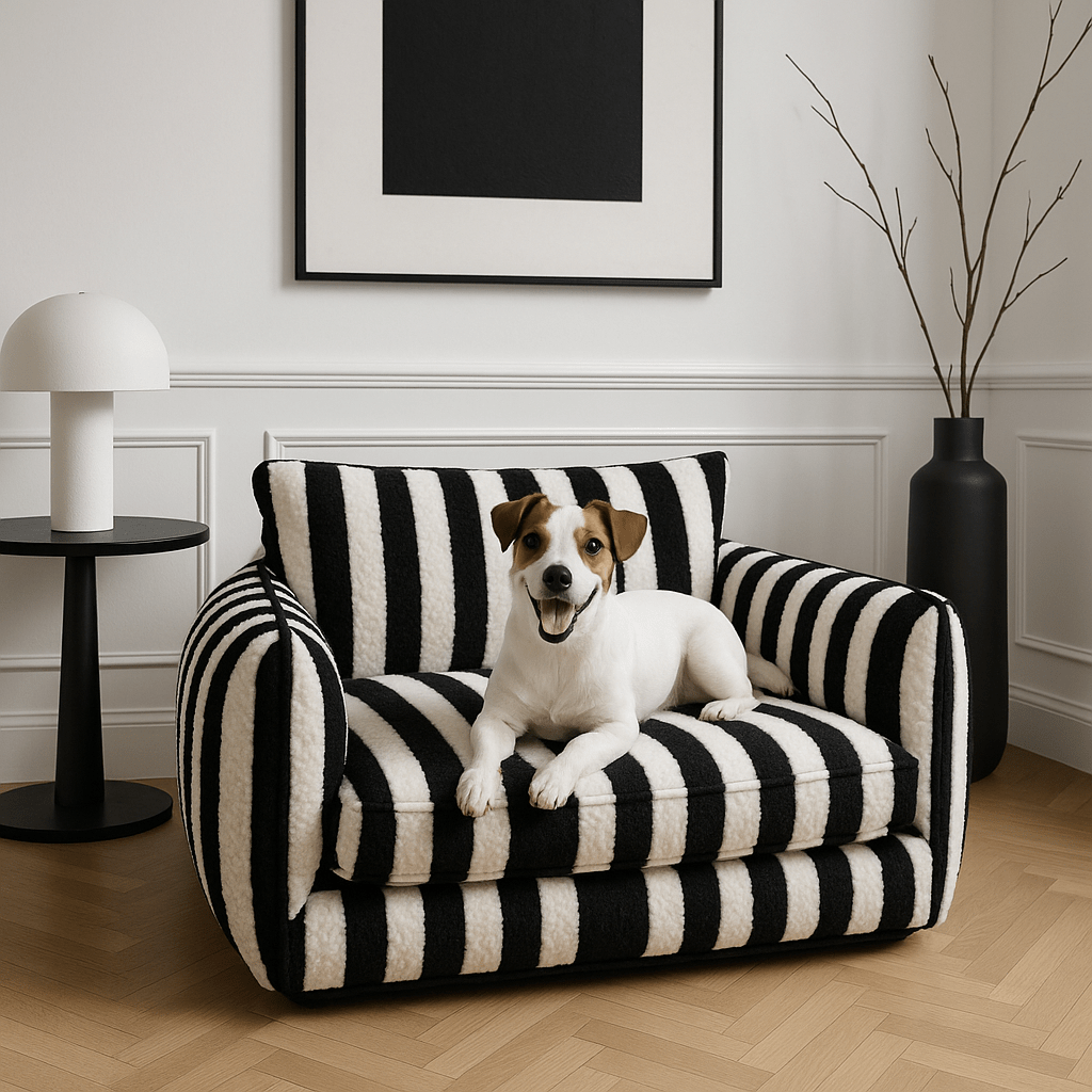 Canapé-chien-ergonomique-rayé noir et blanc-rembourrage 100% coton PP et matelas orthopédique à mémoire de forme déhoussable et lavable en machine-un jack russell couché confortablement et heureux sur son divan dans le salon moderne de l'appartement