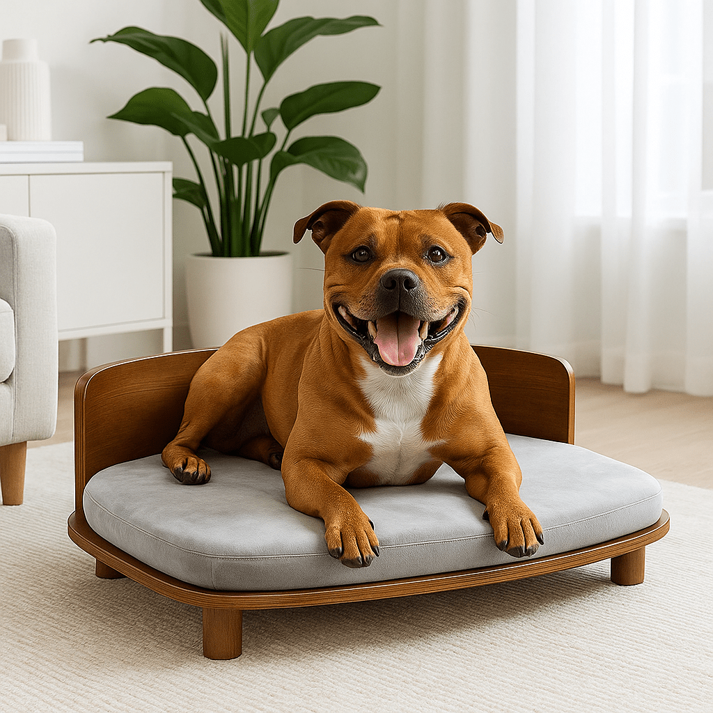 Canapé-chien-imperméable-structure en bois naturel robuste-sur pied antidérapant-coussin amovible déhoussable lavable en machine rembourrage 100% coton haute densité -épais et confortable-design vintage pour petit à chien de moyenne taille-écoresponsable-garanti 100% naturel et éco-friendly-un chien moyen couché confortablement sur son canapé lit surélevé en bois design vintage dans le salon de la maison