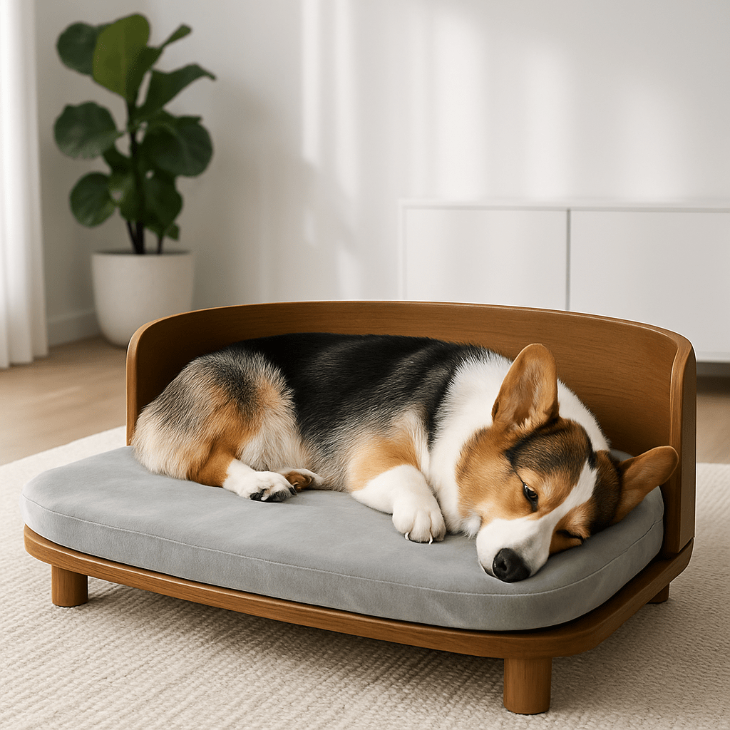 Canapé-chien-imperméable-structure en bois naturel robuste-sur pied antidérapant-coussin amovible déhoussable lavable en machine rembourrage 100% coton haute densité -épais et confortable-design vintage pour petit à chien de moyenne taille-écoresponsable-garanti 100% naturel et éco-friendly-un chien de taille moyen qui dort confortablement sur son canapé lit surélevé en bois design vintage dans le salon de la maison