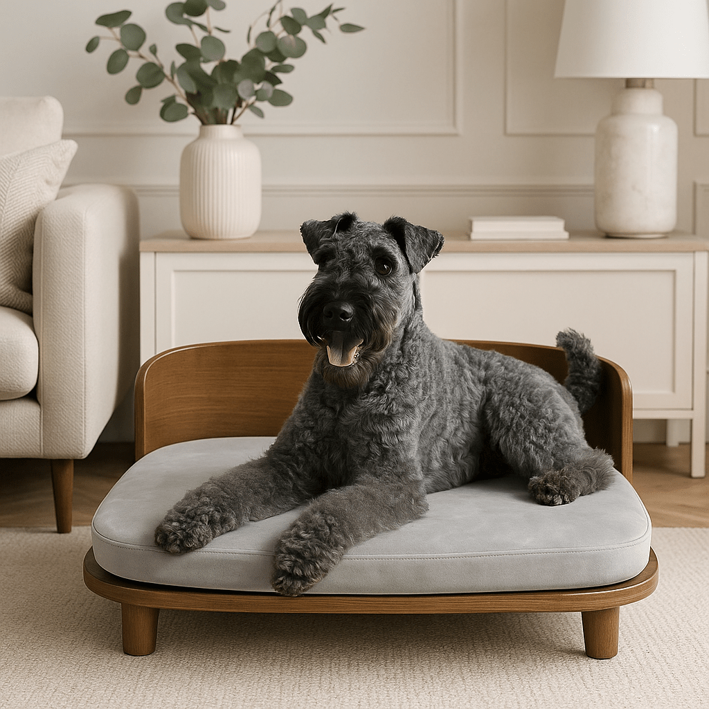 Canapé-chien-imperméable-structure en bois naturel robuste-sur pied antidérapant-coussin amovible déhoussable lavable en machine rembourrage 100% coton haute densité -épais et confortable-design vintage pour petit à chien de moyenne taille-écoresponsable-garanti 100% naturel et éco-friendly-un chien moyen à poils frisé couché confortablement sur son canapé lit surélevé en bois design vintage dans le salon de l'appartement