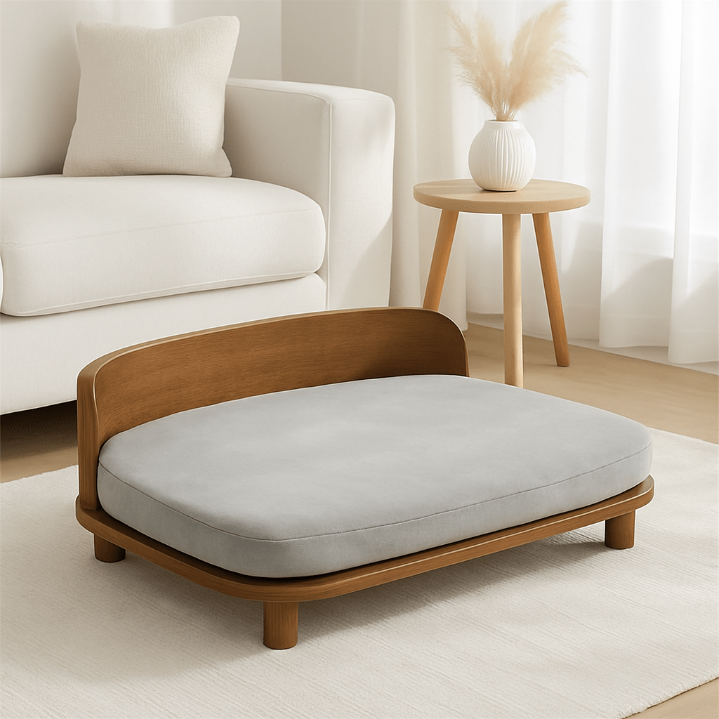 Canapé-chien-imperméable-structure en bois naturel robuste-sur pied antidérapant-coussin amovible déhoussable lavable en machine rembourrage 100% coton haute densité -épais et confortable-design vintage pour petit à chien de moyenne taille-écoresponsable-garanti 100% naturel et éco-friendly-coussin d'assise de couleur gris-structure de bois de hêtre et de frêle massif marron foncé-design arrondi vintage