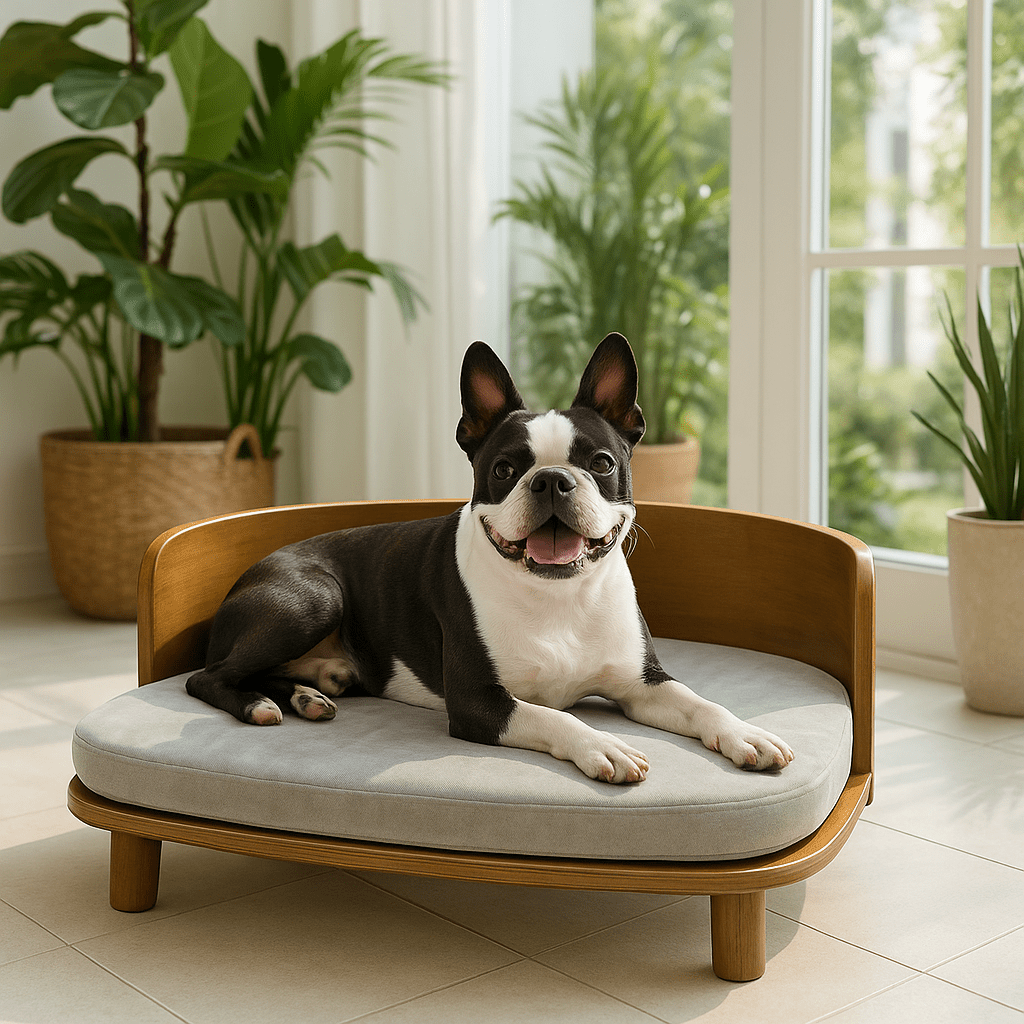 Canapé-chien-imperméable-structure en bois naturel robuste-sur pied antidérapant-coussin amovible déhoussable lavable en machine rembourrage 100% coton haute densité -épais et confortable-design vintage pour petit à chien de moyenne taille-écoresponsable-garanti 100% naturel et éco-friendly-un chien de taille moyenne couché confortablement sur son canapé lit surélevé en bois design vintage dans la véranda de la maison