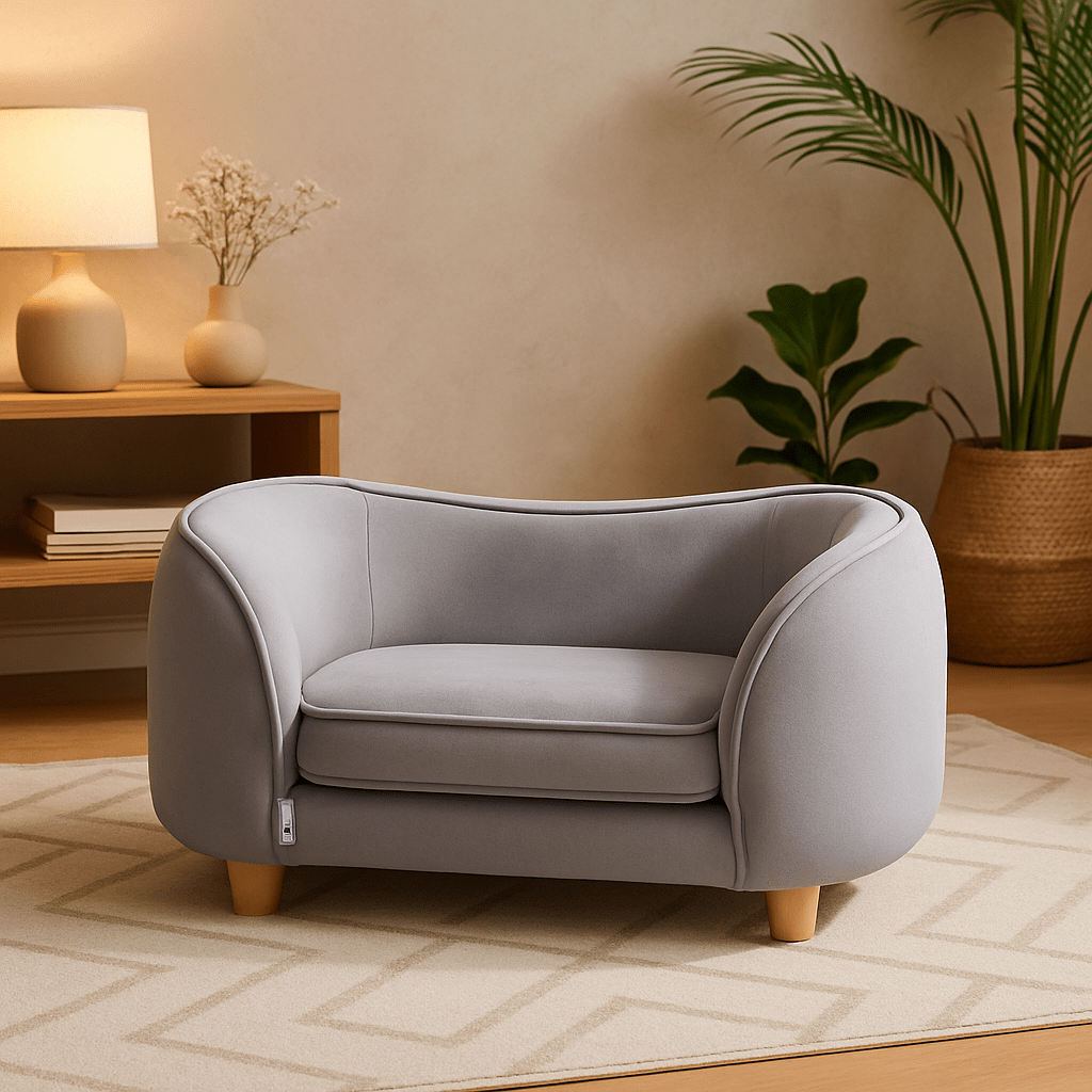 Canape-chien-lavable-mini canapé gris pour chiot et chien de petite taille ou race naine déhoussable et lavable en machine avec sa housse velours résistant aux griffes et morsures et son coussin 100% coton en éponge à mémoire de forme