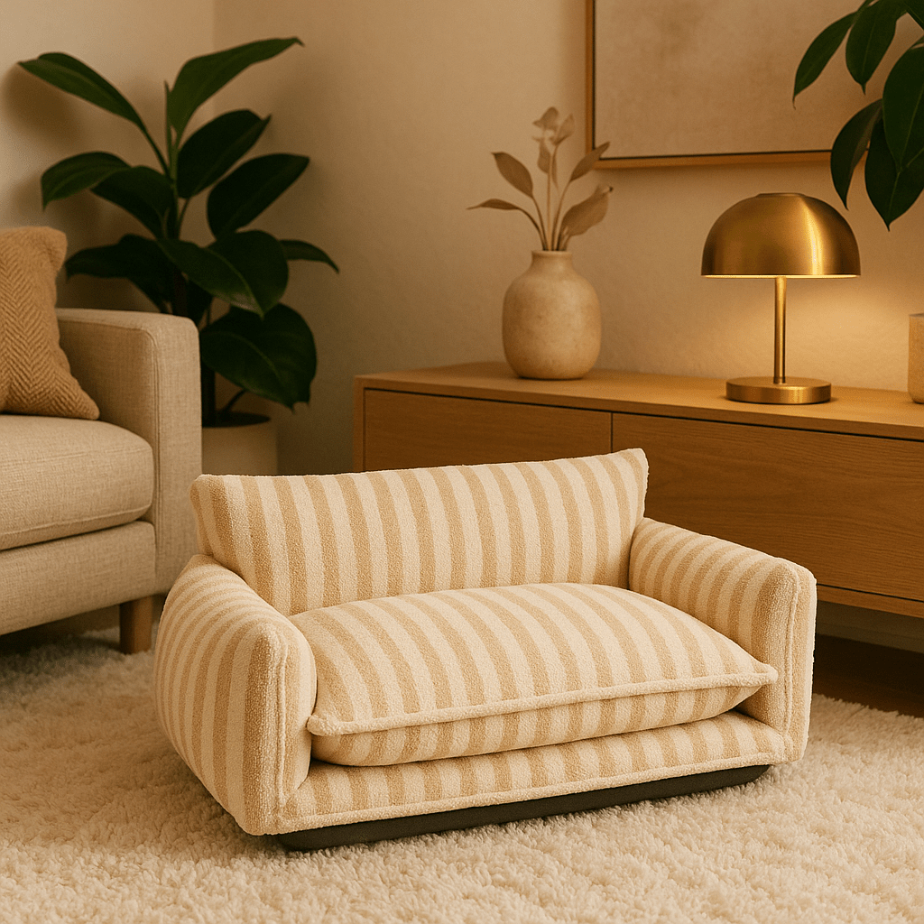 Canapé-chien-orthopédique-déhoussable-rayé blanc et beige avec coussin 100% coton épais et matelas à mémoire de forme antidérapant, déhoussable et lavable en machine pour petit, moyen et grand chien