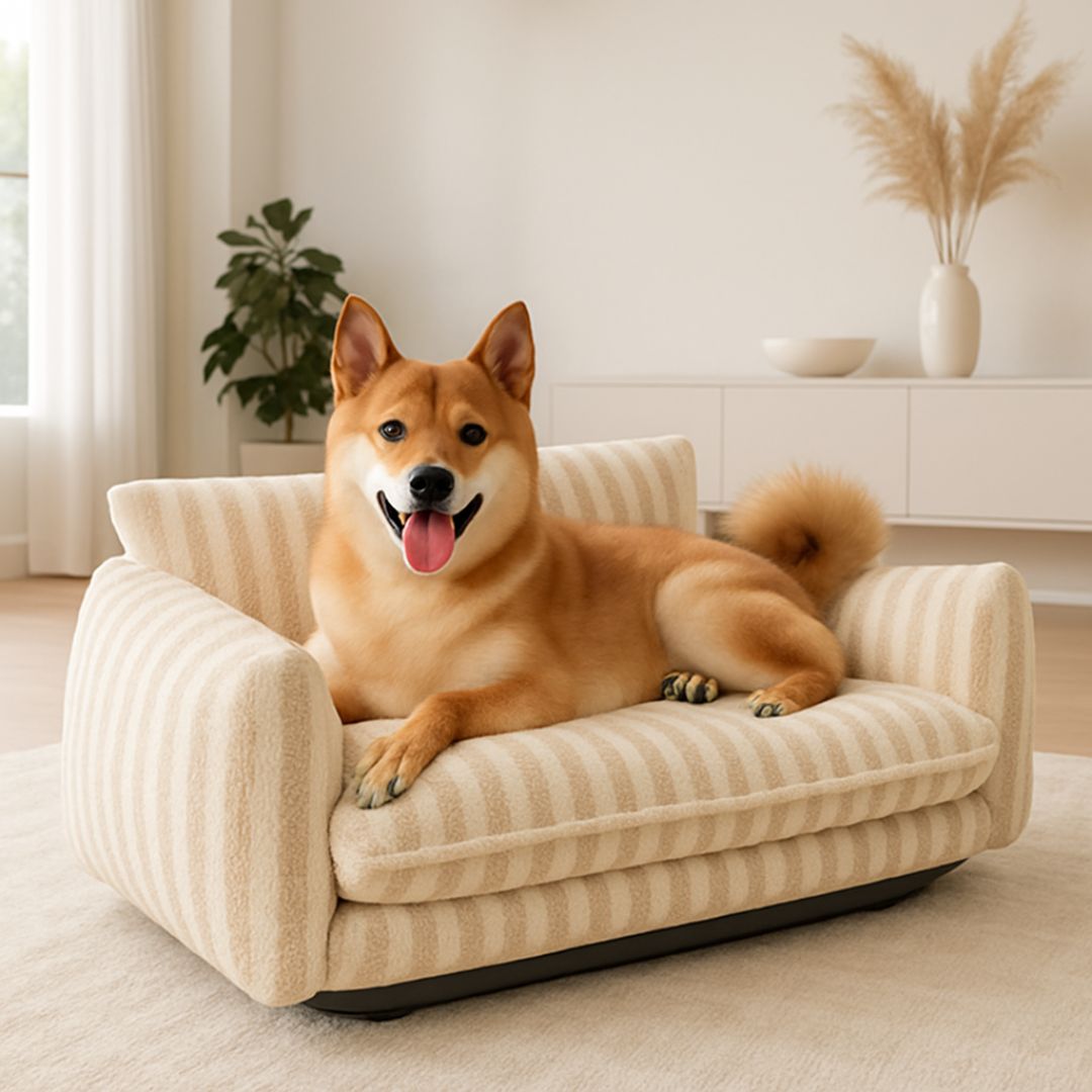 Canapé-chien-orthopédique-un chien moyen couché sur son divan moelleux et épais au rembourrage 100% coton haute densité antidérapant déhoussable et lavable de couleur baige dans le salon de la maison