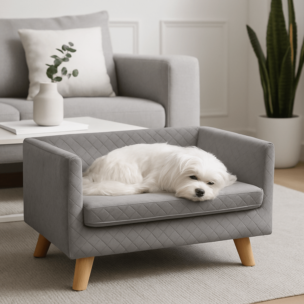 Canapé-chien-avec-coussin amovible épais et rembourré de mousse 100% coton haute densité déhoussable et lavable en machine-structure en bois avec pieds en bois de bouleau massif solide et robuste-anti affaissement-au design scandinave et moderne pour chien de petite taille jusqu'à 7 kg max-un petit chien blanc qui dort couché confortablement sur son canapé gris surélevé sur pied dans le salon moderne de l'appartement