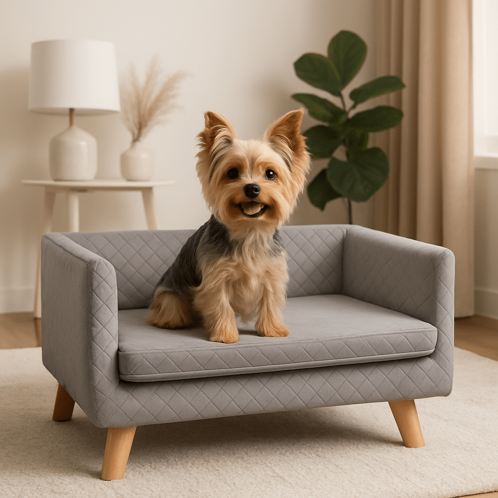 Canapé-chien-avec-coussin amovible épais et rembourré de mousse 100% coton haute densité déhoussable et lavable en machine-structure en bois avec pieds en bois de bouleau massif solide et robuste-anti affaissement-au design scandinave et moderne pour chien de petite taille jusqu'à 7 kg max-un chien de race toy assis confortablement sur son canapé gris surélevé sur pied dans le salon moderne de l'appartement
