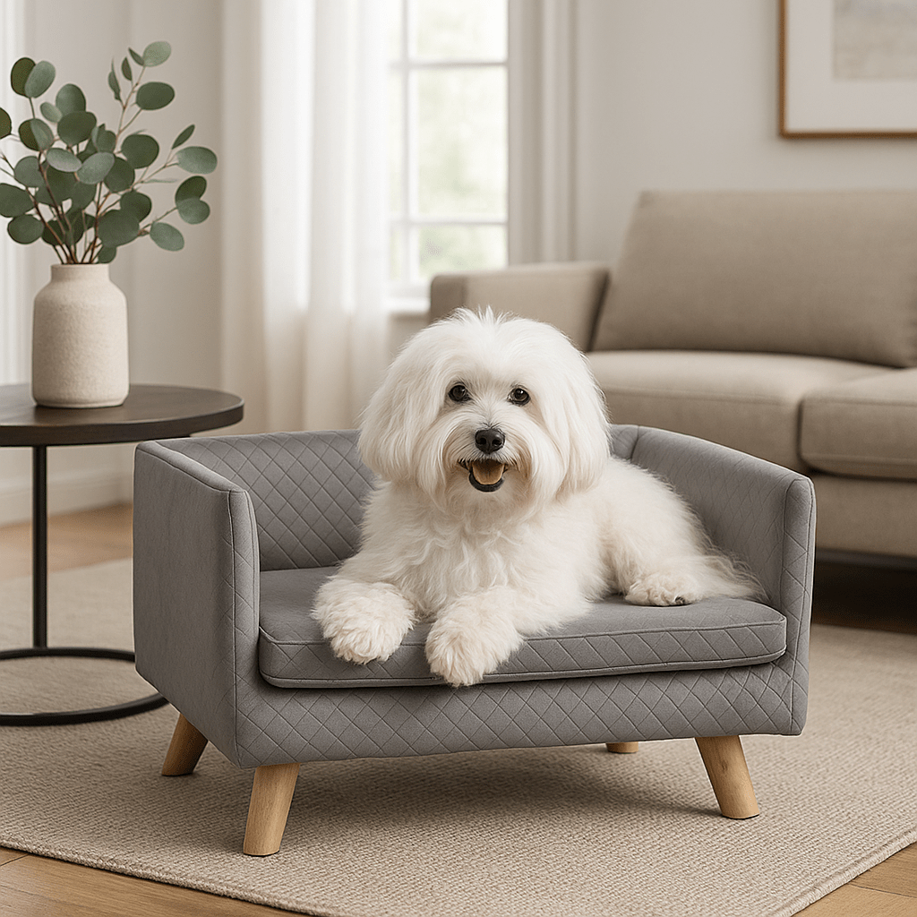 Canapé-chien-avec-coussin amovible épais et rembourré de mousse 100% coton haute densité déhoussable et lavable en machine-structure en bois avec pieds en bois de bouleau massif solide et robuste-anti affaissement-au design scandinave et moderne pour chien de petite taille jusqu'à 7 kg max-un chien de petite taille à poils longs blanc heureux et couché confortablement sur son canapé gris surélevé sur pied dans le salon moderne de la maison