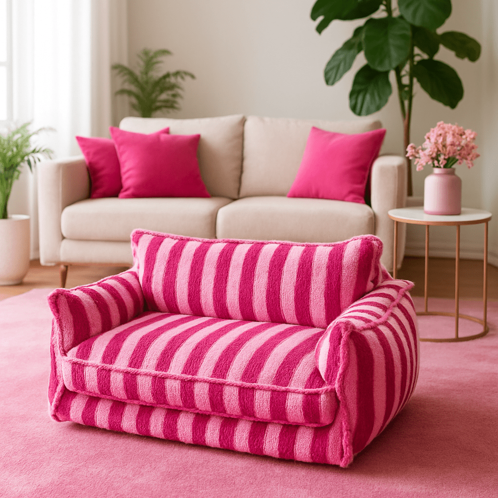Canapé-chien-sofa-rose pour chiens de toutes tailles déhoussable et lavable avec matelas orthopédique et coussins rembourrage 100% coton haute densité -fauteuil antidérapant pour chien et chiot du M au XXL