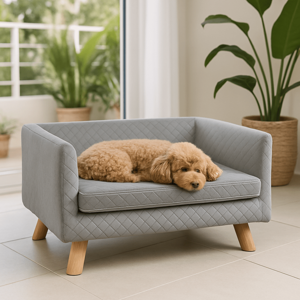 Canapé-chien-avec-coussin amovible épais et rembourré de mousse 100% coton haute densité déhoussable et lavable en machine-structure en bois avec pieds en bois de bouleau massif solide et robuste-anti affaissement-au design scandinave et moderne pour chien de petite taille jusqu'à 7 kg max-un chien nain couché confortablement sur son canapé gris surélevé sur pied dans le salon moderne de l'appartement