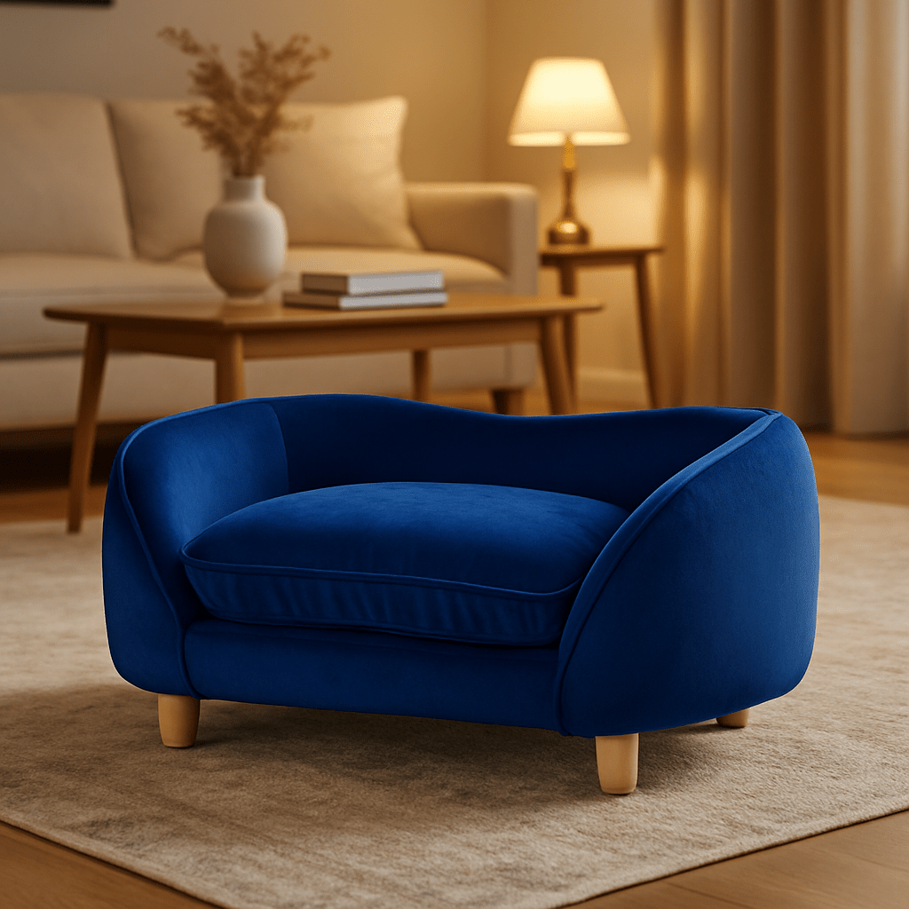 Canape-chien-velours-bois-coton-un mini canapé pour petit chien de couleur bleu avec coussin ergonomique déhoussable et lavable en machine pour chiot et chien de petite taille ou race toy
