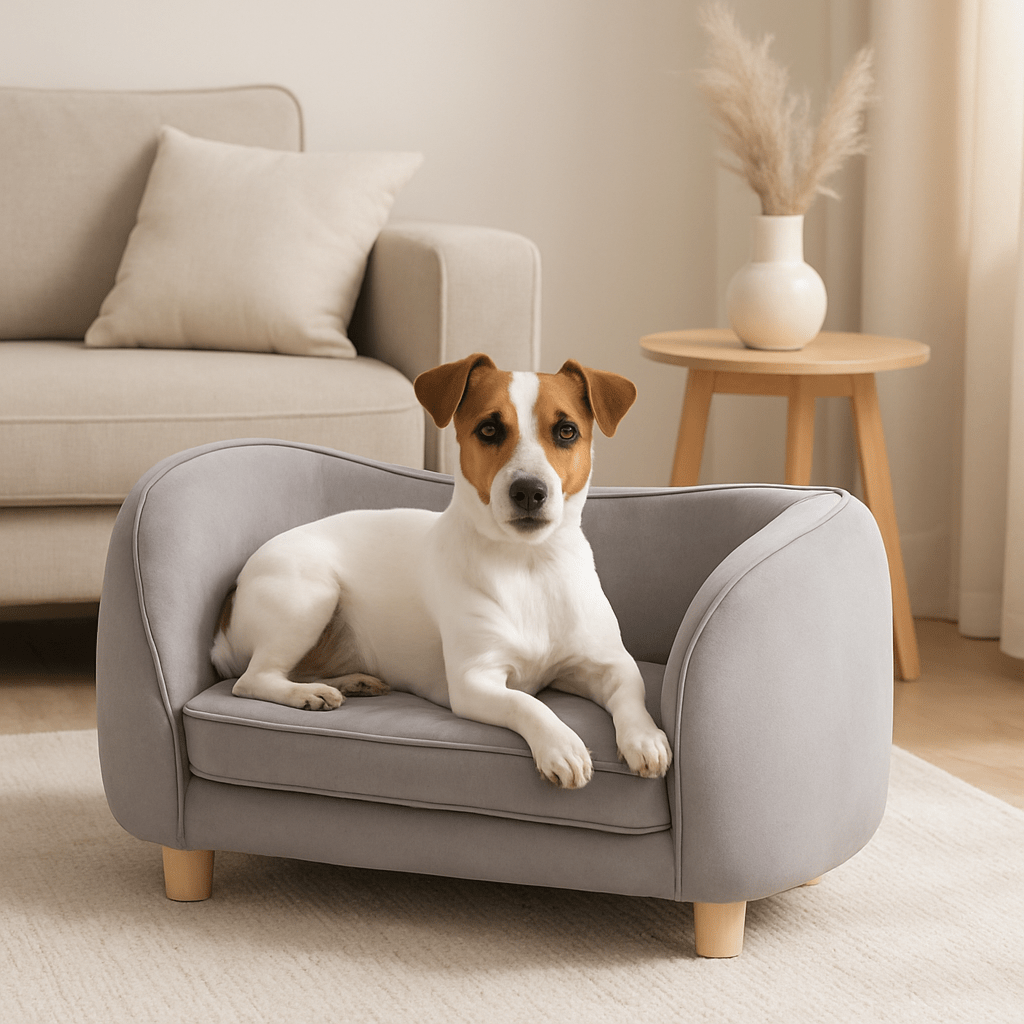 Canapé-chien-de-petite-taille-un-jack russell couché confortablement sur son mini canapé en velours et bois au design moderne et ligne épuré dans le salon de sa maison avec son coussin déhoussbale et lavable en machine