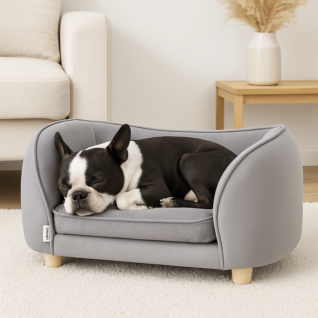 Canape-chiens-un boston terrier qui dort paisiblement en boule dans son mini canapé en velours et bois et son coussin 100% coton haute densité, ergonomique, déhoussable et lavable en machine dans le salon de la maison
