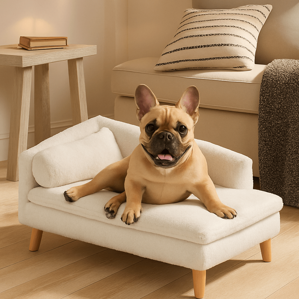 Canapé-lit-chien-chiot-bois et coton-un bouledogue français couché confortablement sur le flanc sur son canapé rectangulaire avec rebord, lit surélevé avec pied en bois naturel design scandinave dans le salon moderne et lumineux de la maison