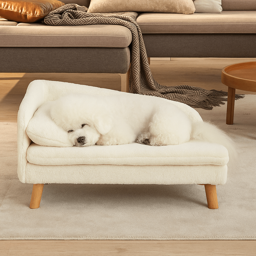 Canapé-lit-chien-coton-bois-un chien de petite taille couché sur son lit surélevé avec sommier et pieds en bois naturel et matelas épais 100% coton haute densité déhoussable et lavable en machine au design scandinave dans le salon de l'appartement
