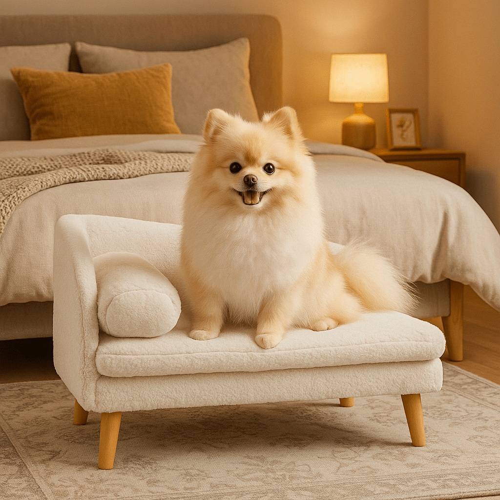 Canapé-lit-chien-design-un petit chien à poils assis sur le canapé en L avec rebord surélevé et son oreiller-matelas déhoussable 100% coton PP-lavable dans la chambre de la maison