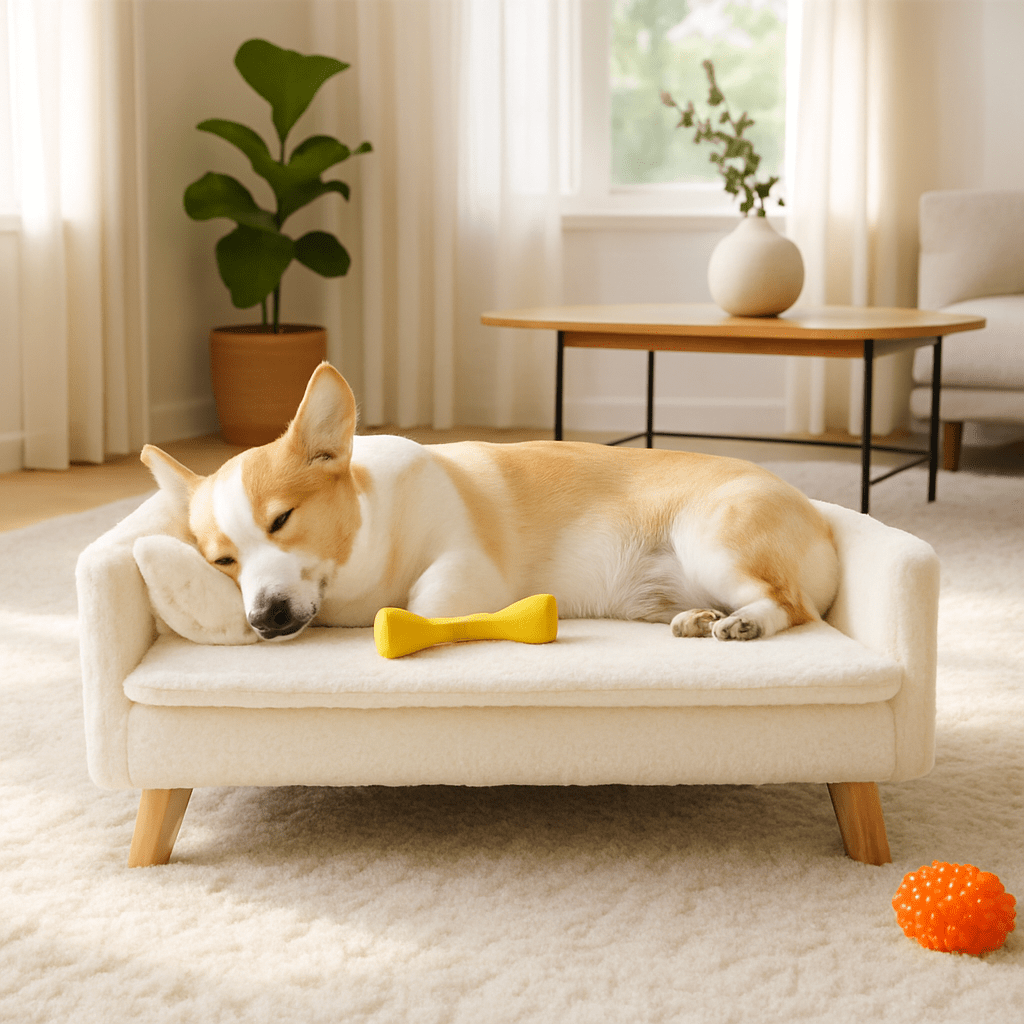 Canapé-lit-chien-imperméable-matelas et oreiller 100% coton PP lavable-un chien de taille moyenne qui dort paisiblement allongé de tout son long sur le lit surélevé avec pieds en bois antidérapant au design moderne scandinave dans le salon de la maison