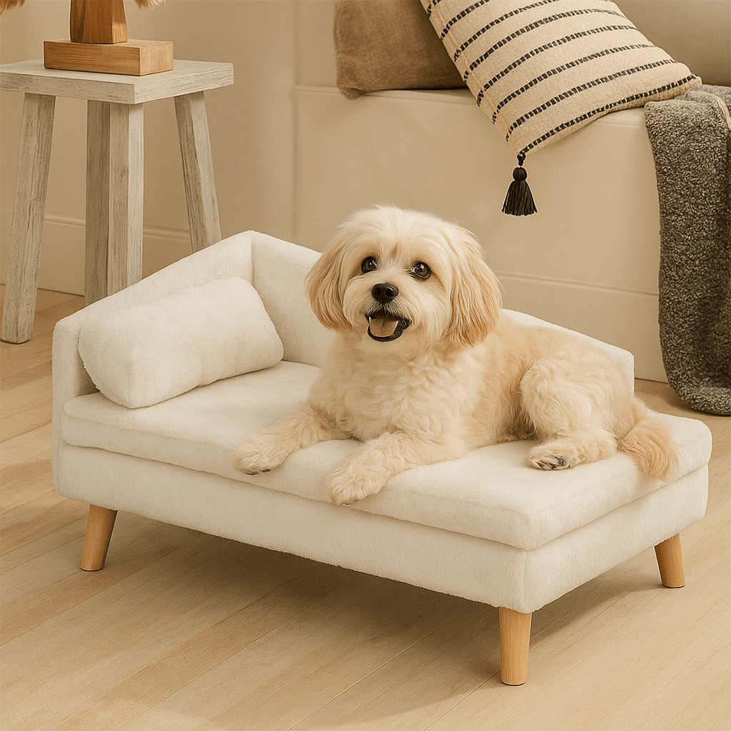 Canapé-lit-chien-lavable-un petit chien couché sur le lit rectangulaire surélevé avec ses pieds en bois avec rebord en L-matelas déhoussable 100% coton PP et oreiller pour chien de petite à moyenne taille dans la chambre