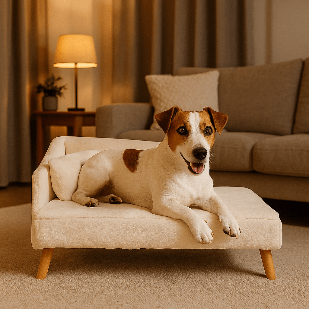 Canapé-lit-chien-pour chien de petite à moyenne taille imperméable et déhoussable-un petit chien couché sur son mini canapé en coton et bois-housse en peluche douce au design scandinave-avec oreiller épais dans le salon de la maison