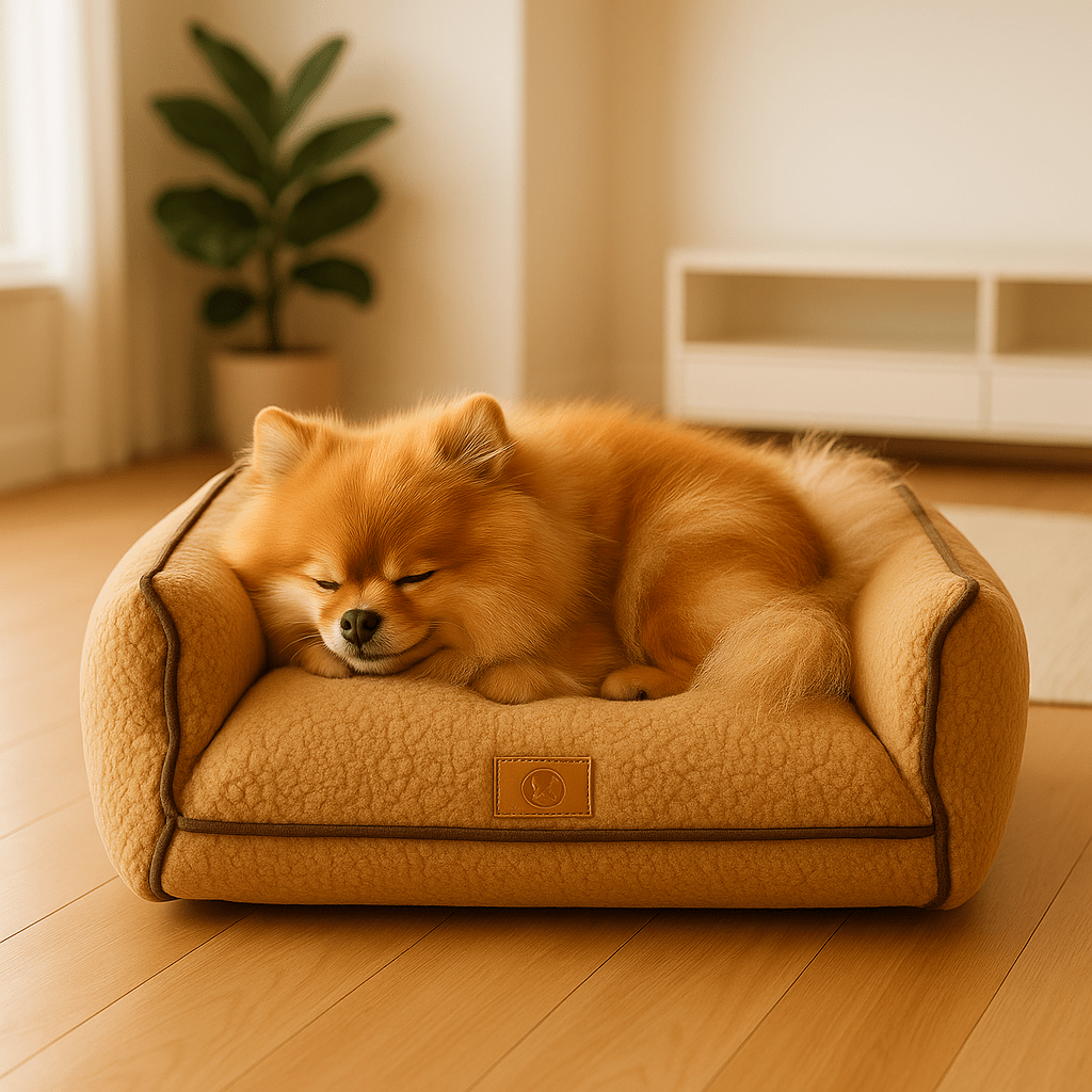 Canapé-lit-pour--petit-chien-déhoussable-lavable en machine-antidérapant-imperméable-en polaire ultra-douce avec matelas à mémoire de forme haute résilience-un chien de petite taille qui dort en boule confortablement sur son canapé avec accoudoirs dans le salon de la maison