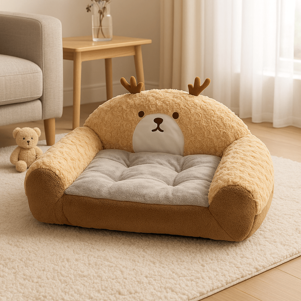 Canapé-lit-pour-chien-4-saisons-été-hiver-velours et rembourrage 100% coton haute densité lavable et antidérapant au design d'élan marron et gris