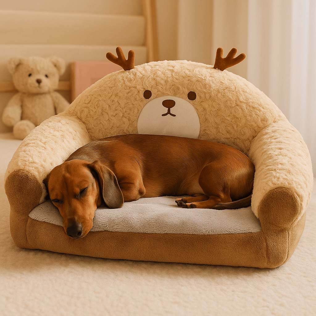 Canape-lit-pour-chien-chaud-lavable-douillet en velours doux et coton haute densité pour petit chien-un petit chien qui dort confortablement sur son mini canapé tout doux dans la chambre de la maison