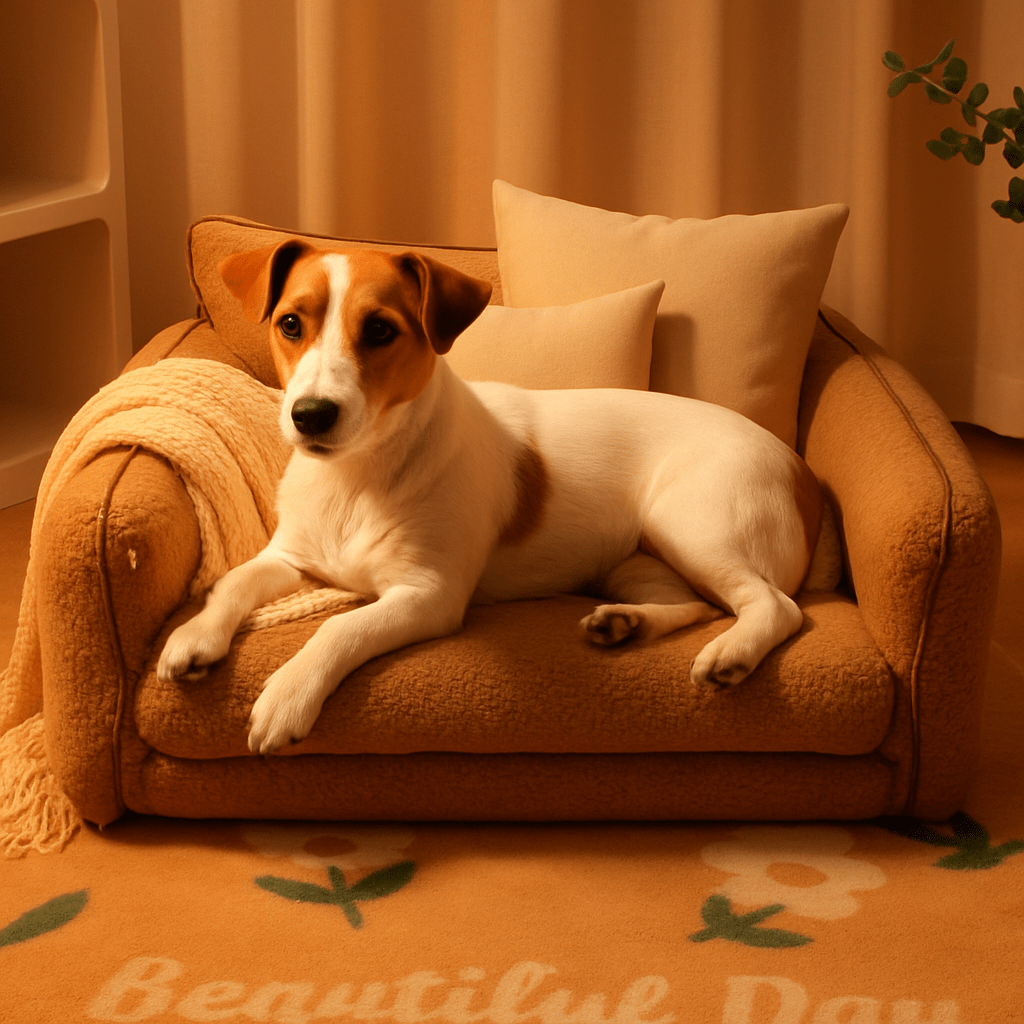 Canapé-lit-pour-chien-chiot-lavable-déhoussable-en polaire et coussin épais 100% coton PP avec matelas orthopédique à mémoire de forme haute résilience pour chiot et chien de petite taille-antidérapant et imperméable-un petit chien couché sur son mini canapé modulable en lit sécurisant qui protège du froid dans sa maison