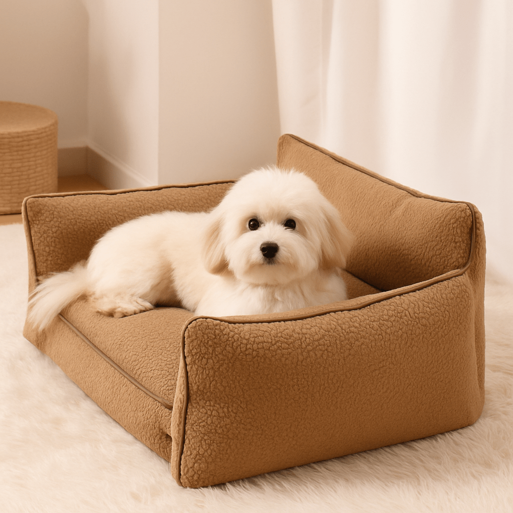 Canapé-lit-pour-chien-coton-polaire-pour chien de petite taille et race naine-déhoussable et lavable en machine-antidérapant-imperméable-chaud épais et anti-stress- un petit chien à poils blanc couché confortablement sur son canapé avec matelas orthopédique à mémoire de forme avec dossier et accoudoir en coussin rembourré 100% coton PP