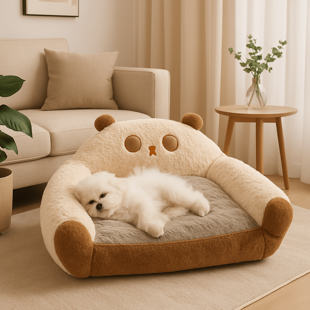 Canape-lit-pour-chien-douillet-chaud en velours et rembourrage 100% coton épais lavable en machine à laver-un petit chien qui dort sur le flanc paisiblement dans son canapé douillet antidérapant dans le salon de la maison