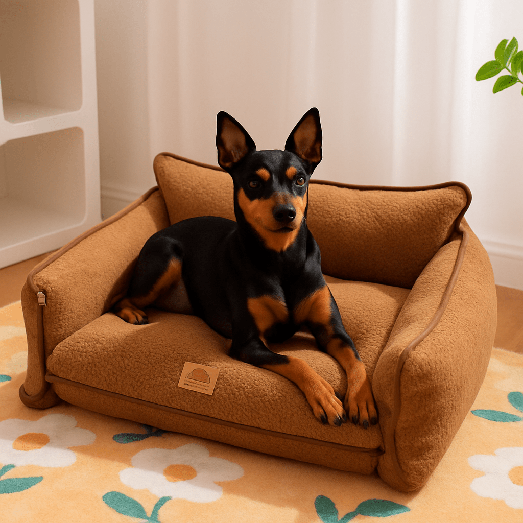 Canapé-lit-pour-chien-de-petite-taille-déhoussable-lavable en machine en polaire douce et rembourrage 100% coton haute densité ergonomique et matelas orthopédique haute résilience -anti affaissement pour petit chien et chiot-un chien nain noir et marron couché confortablement sur son canapé ultra doux et chaud de couleur marron dans l'appartement