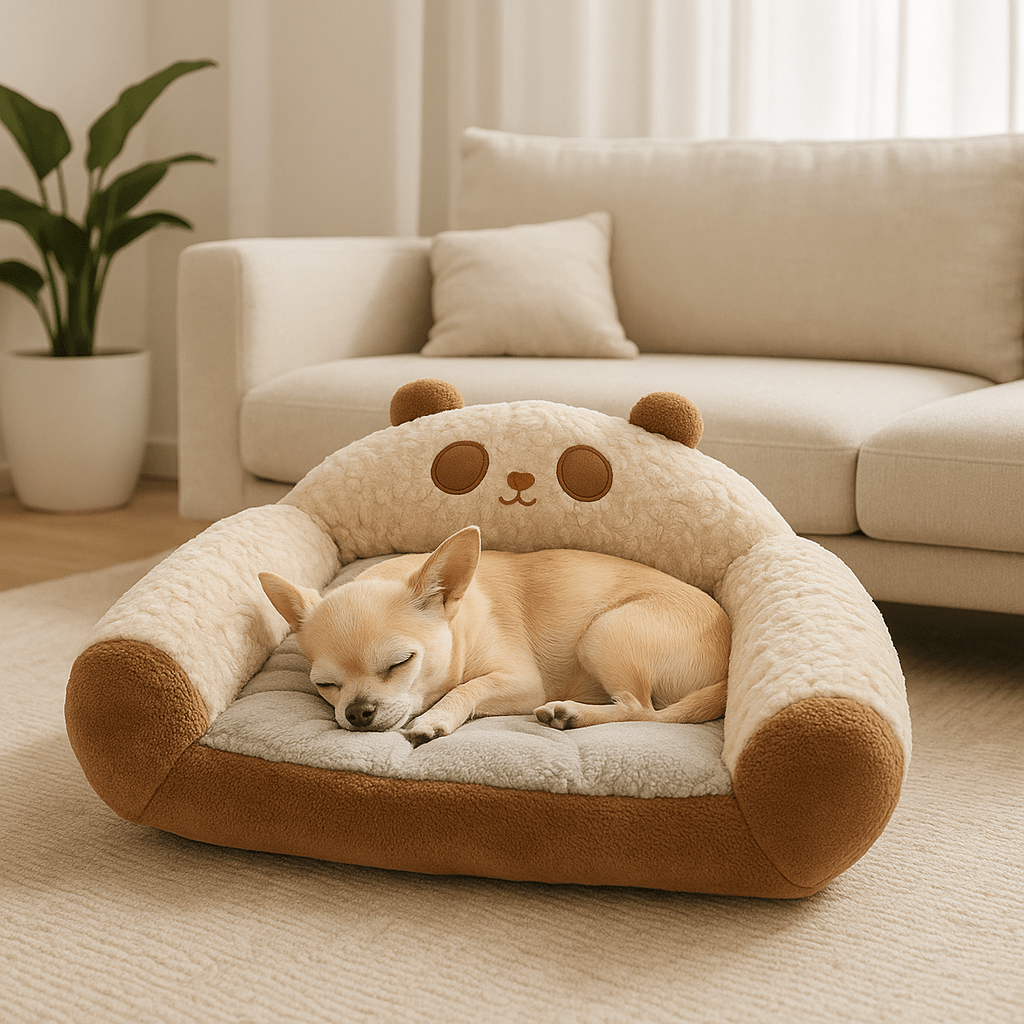 Canape-lit-pour-chien-un-petit-chien couché en boule bien au chaud dans son canapé épais au rembourrage 100% coton haute densité lavable et antidérapant au design panda dans le salon