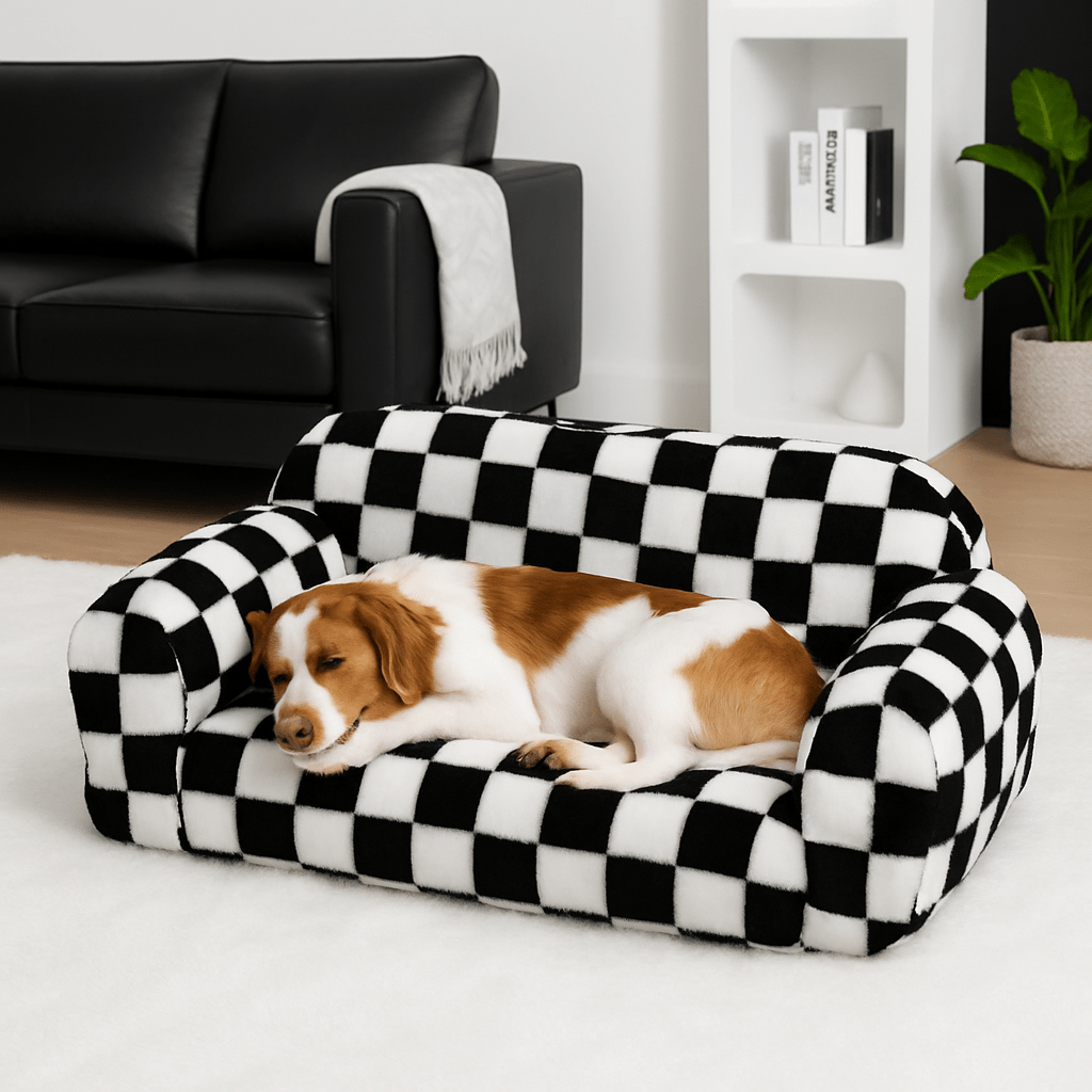 Canapé-pour-chien-déhoussable-chaud et respirant velours et rembourrage 100% coton haute densité-un épagneul breton dort paisiblement sur son fauteuil douillet noir et blanc dans le salon de la maison