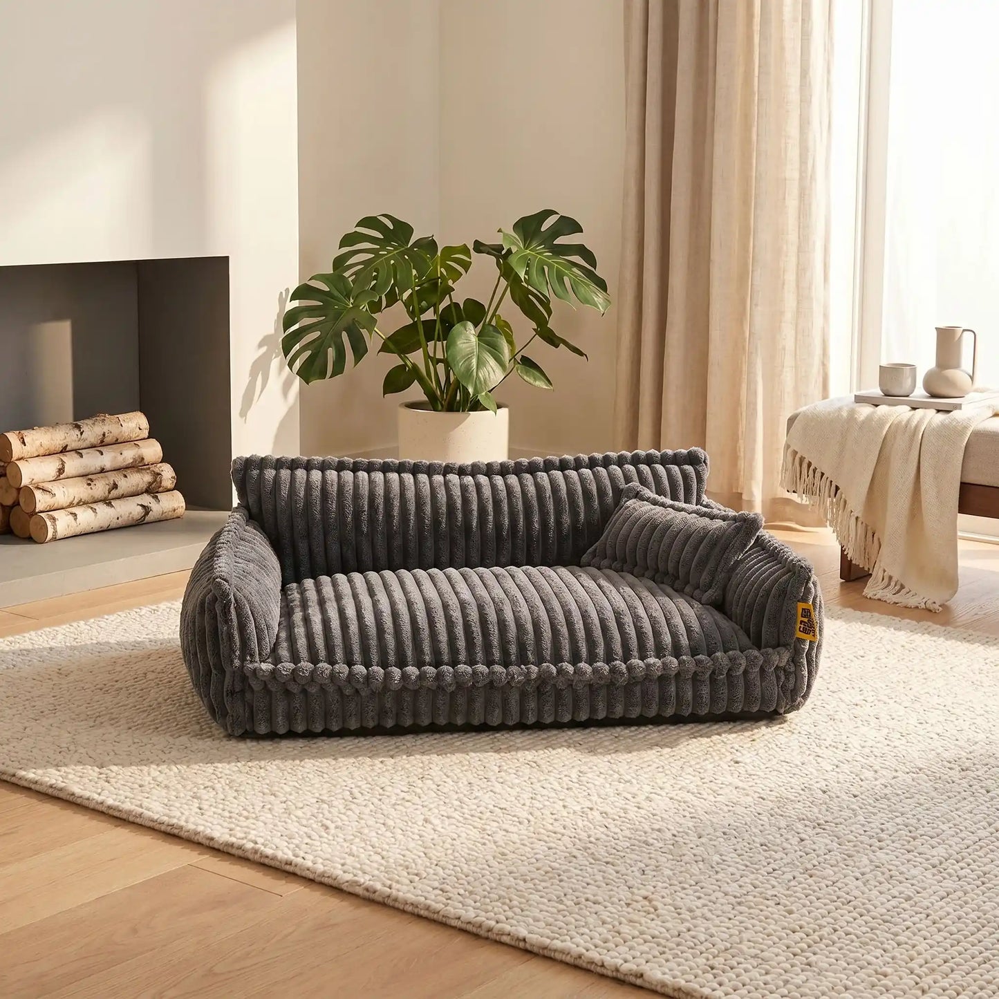 Canapé-pour-chien-chiot-déhoussable, lavable en machine, housse en velours douce comme un lit en peluche, avec accoudoirs et dossier entourant au rembourrage 100% coton PP avec un oreiller lavable en velours assorti pour chien de 0 à + de 45kg, antidérapant et fond imperméable-gros plan sur le le grand canapé xxl de 120 cm de long en velours de couleur noir dans le salon de la maison