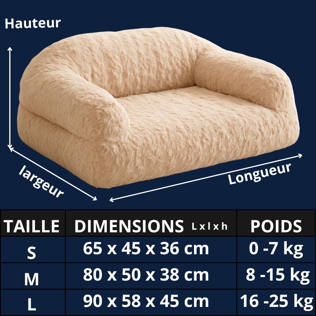 Canapé-pour-chien-douillet-déhoussable-antidérapant-lavable-en-machine-en fausse fourrure imitation lapin-ultra-doux-résistant-rembourrage 100% coton haute densité ergonomique pour chiot ou petit à chien de moyenne taille-avec accoudoir et haut dossier-couchage apaisant chaud et hypoallergénique, respectueux des peaux sensibles et de son pelage-guide des tailles-3 tailles disponibles S, M et L pour chien de 0 à 25 kg et tableau de correspondance de poids du chien