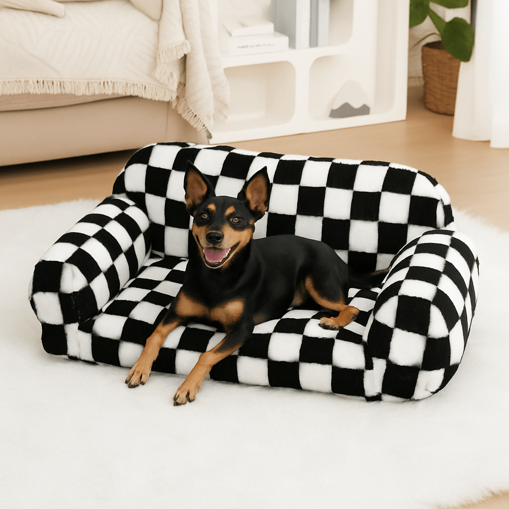 Canapé-pour-chien-déhoussable-petit-moyenne taille design graphique noir et blanc-un chien nain sur son mini canapé épais et moelleux rembourrage 100% coton haute densité déhoussable et lavable en machine dans la chambre de l'appartement